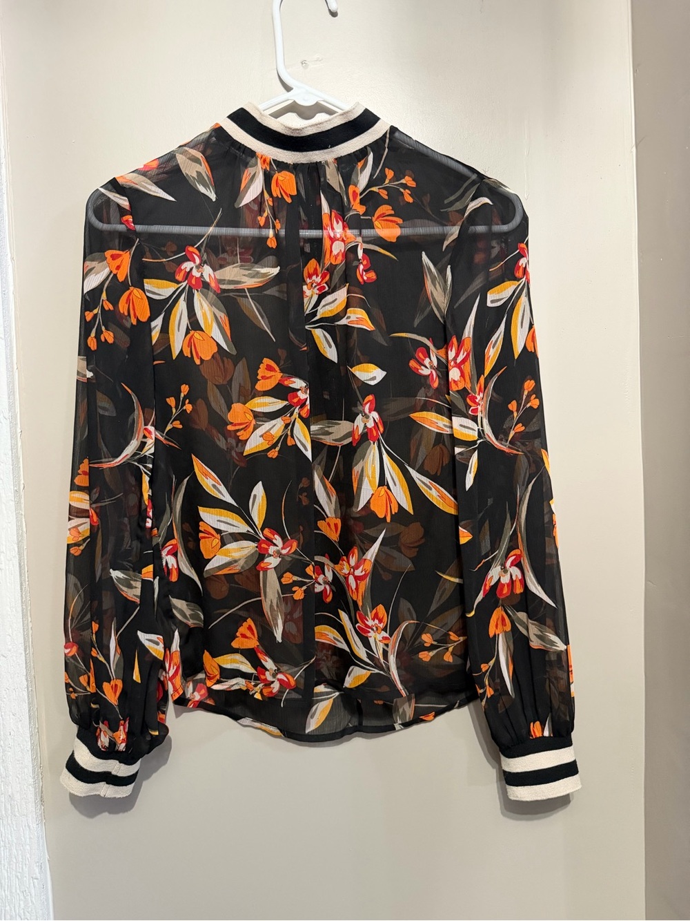 French Connection Black Sheer Floral Bomber-Style Blouse with Orange Accents